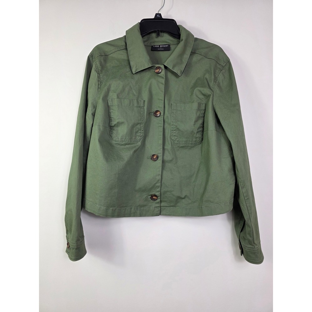 Lane Bryant Olive Green Button-Front Cropped Utility Jacket Size 14